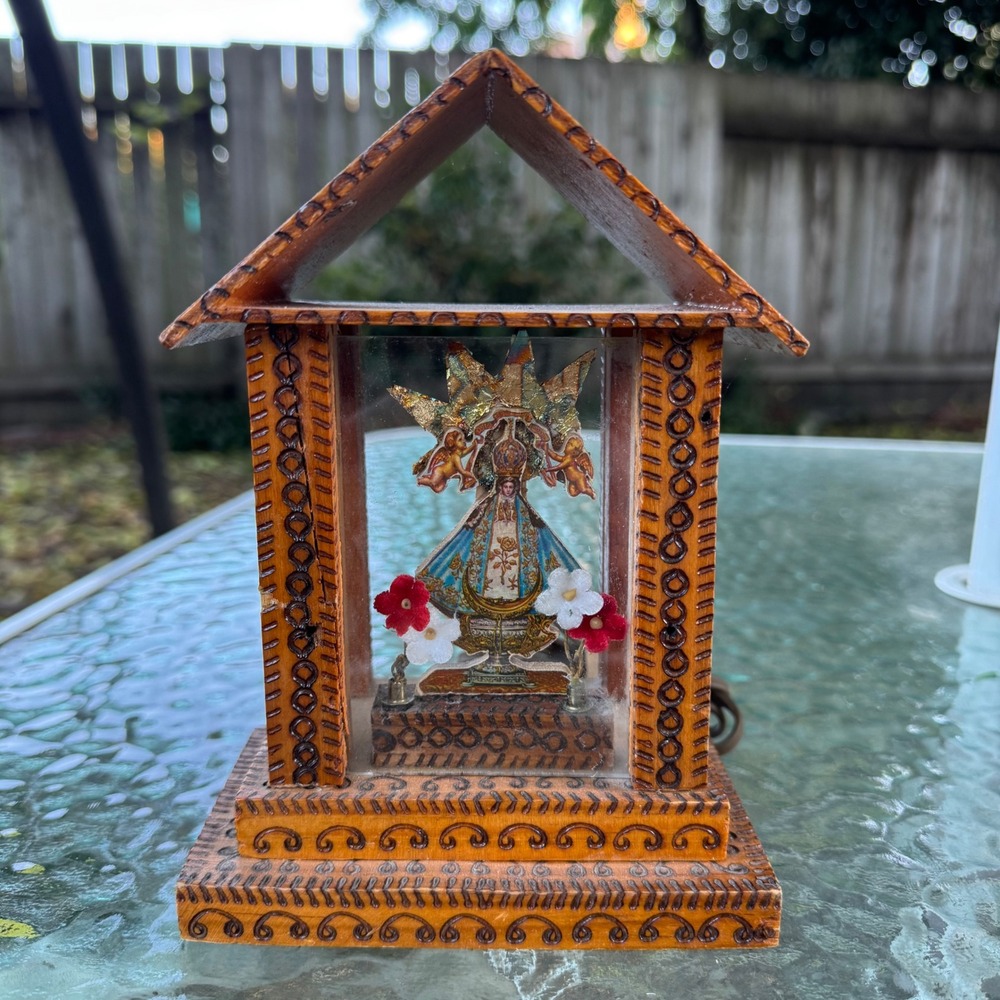 Vintage Hand Carved Wooden Religious Shrine Virgin Mary Folk Art Lamp for Repair
